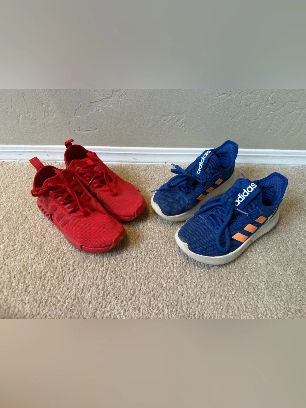 2 pairs of Adidas Kids Red and Blue Sneaker Pair